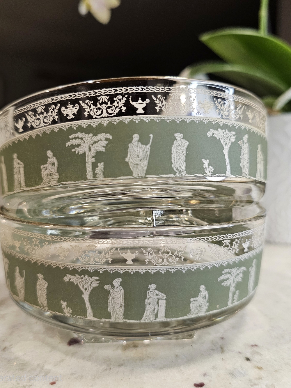 Vintage Jeannette Glass Pedestal Nappy Bowl Green Band Greco Roman 1960 Set 2
